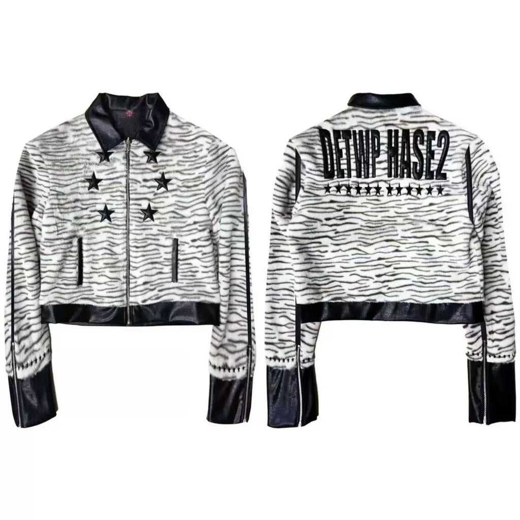 DETW Tiger Pattern Splicing Slim Lapel Short Jacket
