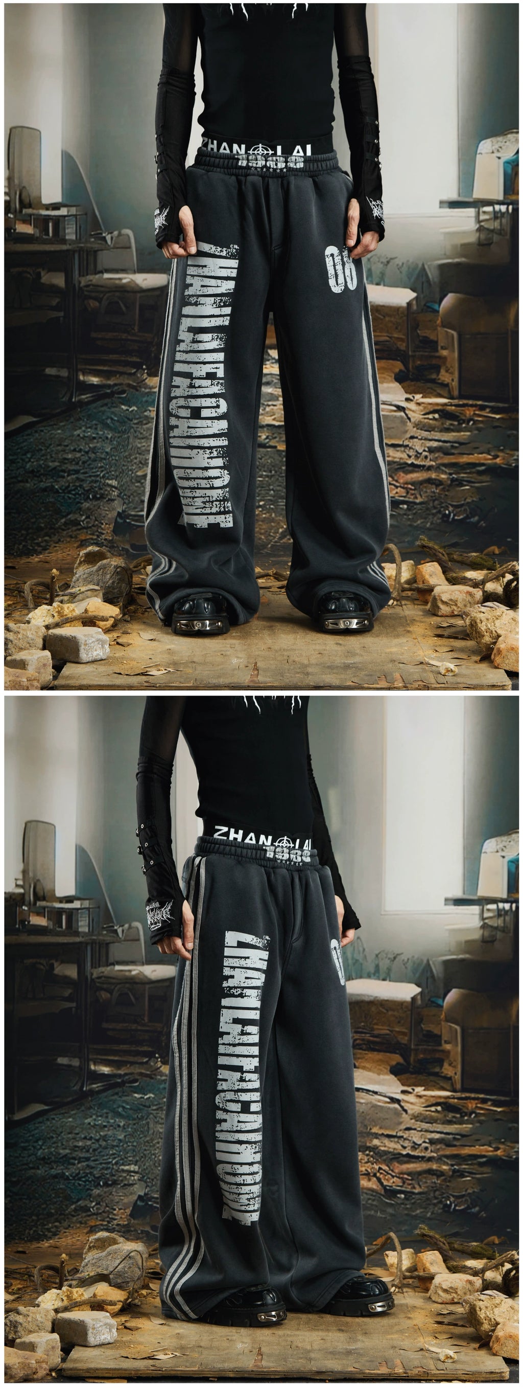 NOMANIAI Dirty Dyed Mottled Print Loose Striped Sweatpants