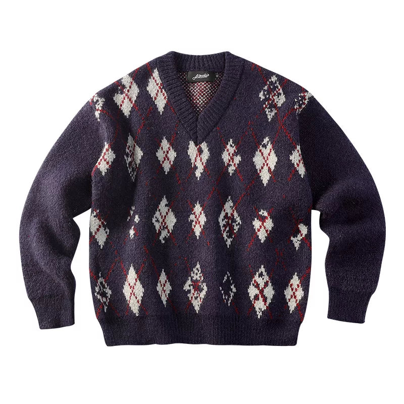 CoosRetro V-Neck Vintage Rhombus Checked Casual Knitted Sweater