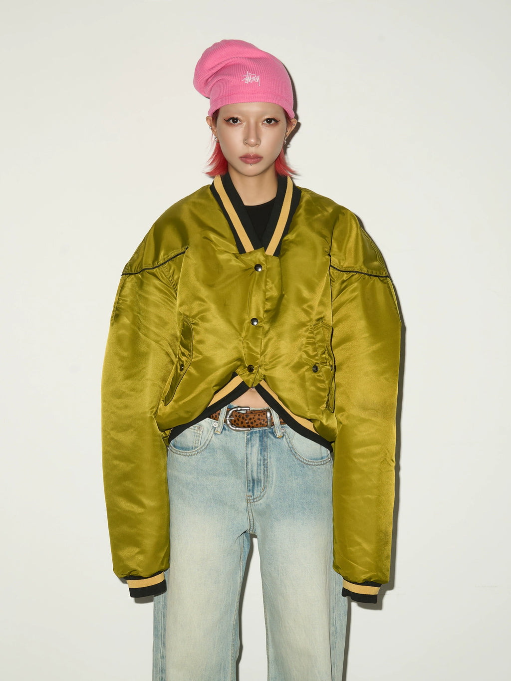 MICHINNYON V Neck Splicing Loose Cotton Jacket