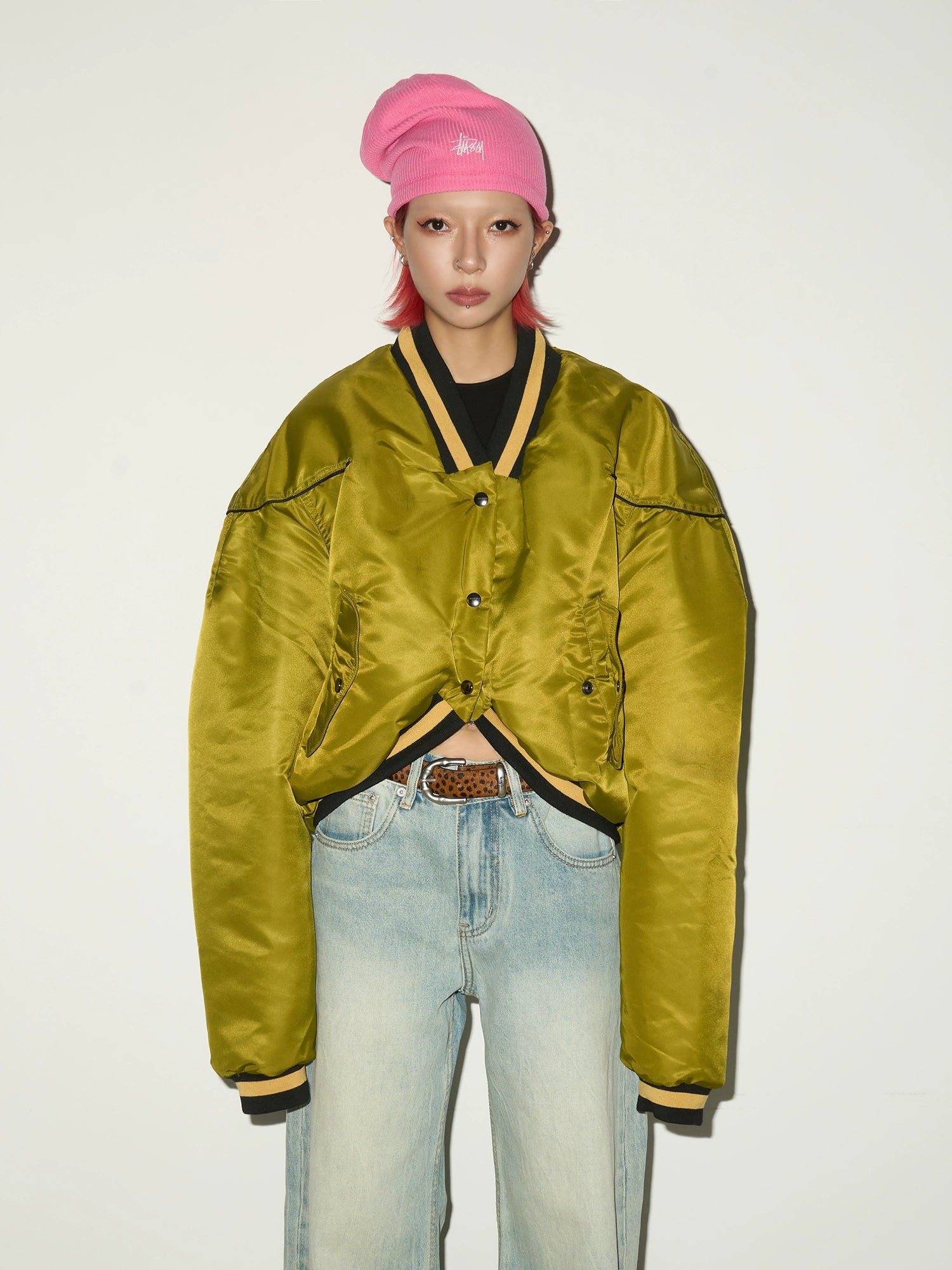 MICHINNYON V Neck Splicing Loose Cotton Jacket