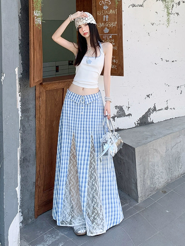 KPSR Plaid Lace Stitching A-word Vertical Skirt