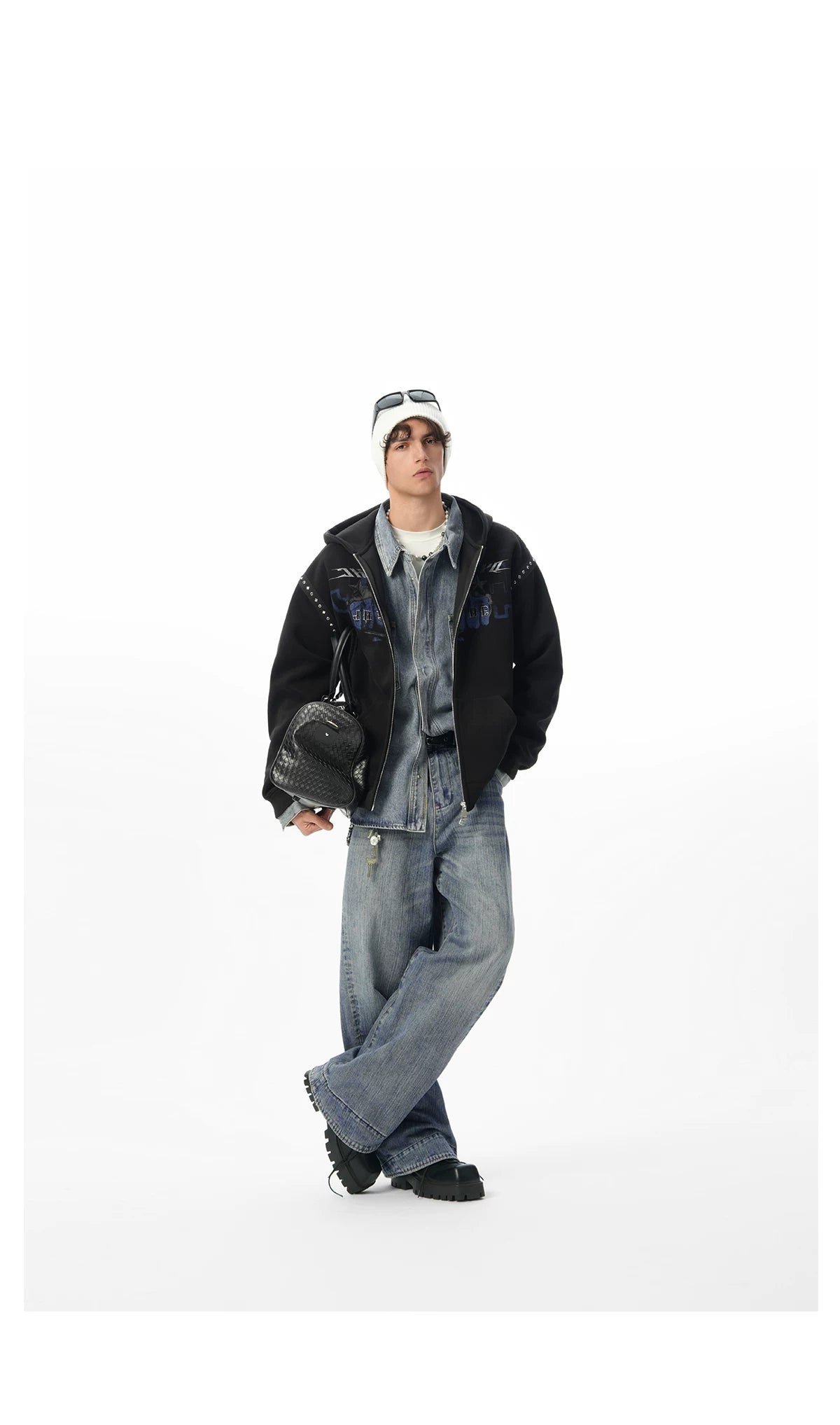 JHYQ Men's Fist Print Hooded Zipper Cardigan Sweater