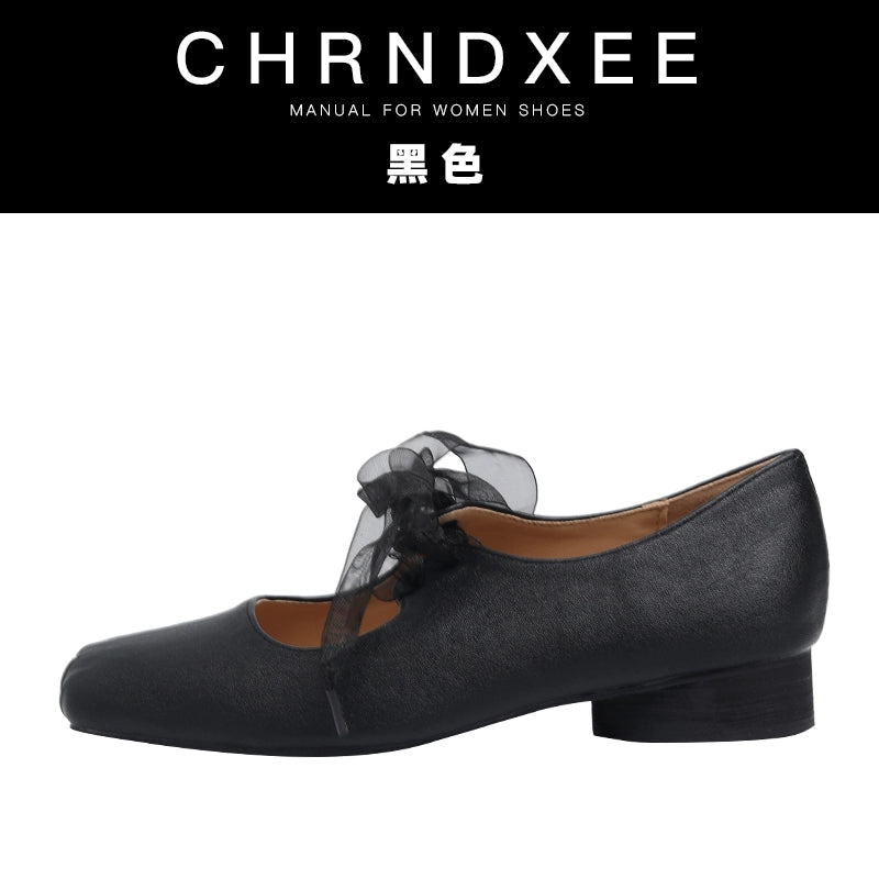 CHRNDXEE Soft Leather Versatile Low-heeled Shoes