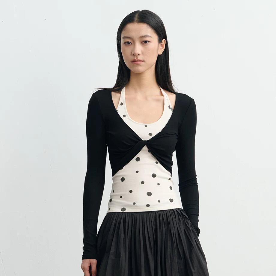 LINY LIBERTY Contrast Color Neck Knot Fake Two-piece Long Sleeve