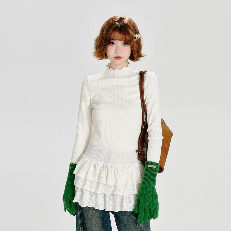 Girlyhalo Semi-turtleneck Multi-layer Lace Stacked Slim-fit Bottoming Shirt