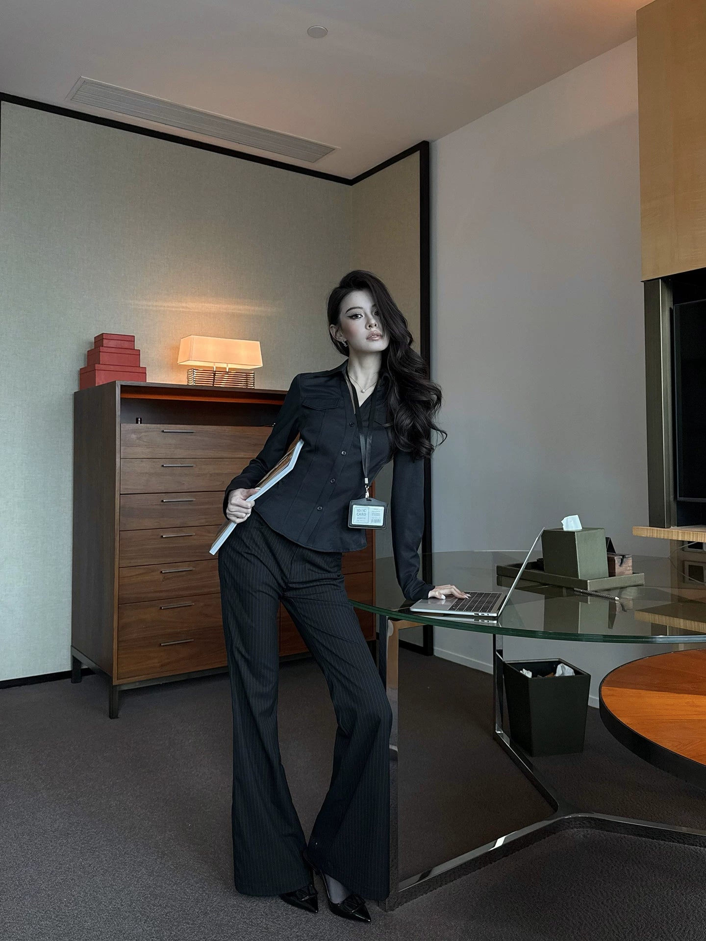 LLROGE Slim-fit Slim-fitting Long-sleeved Shirt Striped Drape Trousers