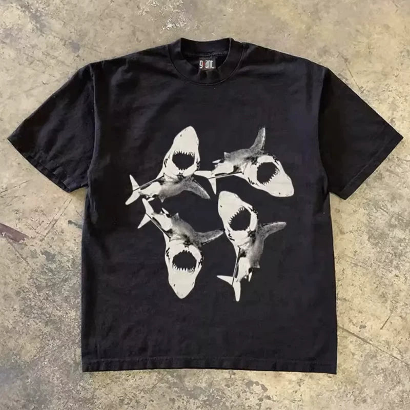 UPUPXIA Shark Print Loose Casual Tee