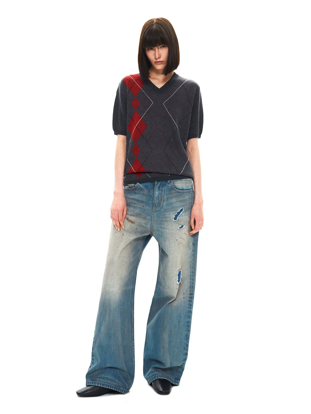 Slight Vogue Contrast Rhombus Splicing V-Neck Wool Tee
