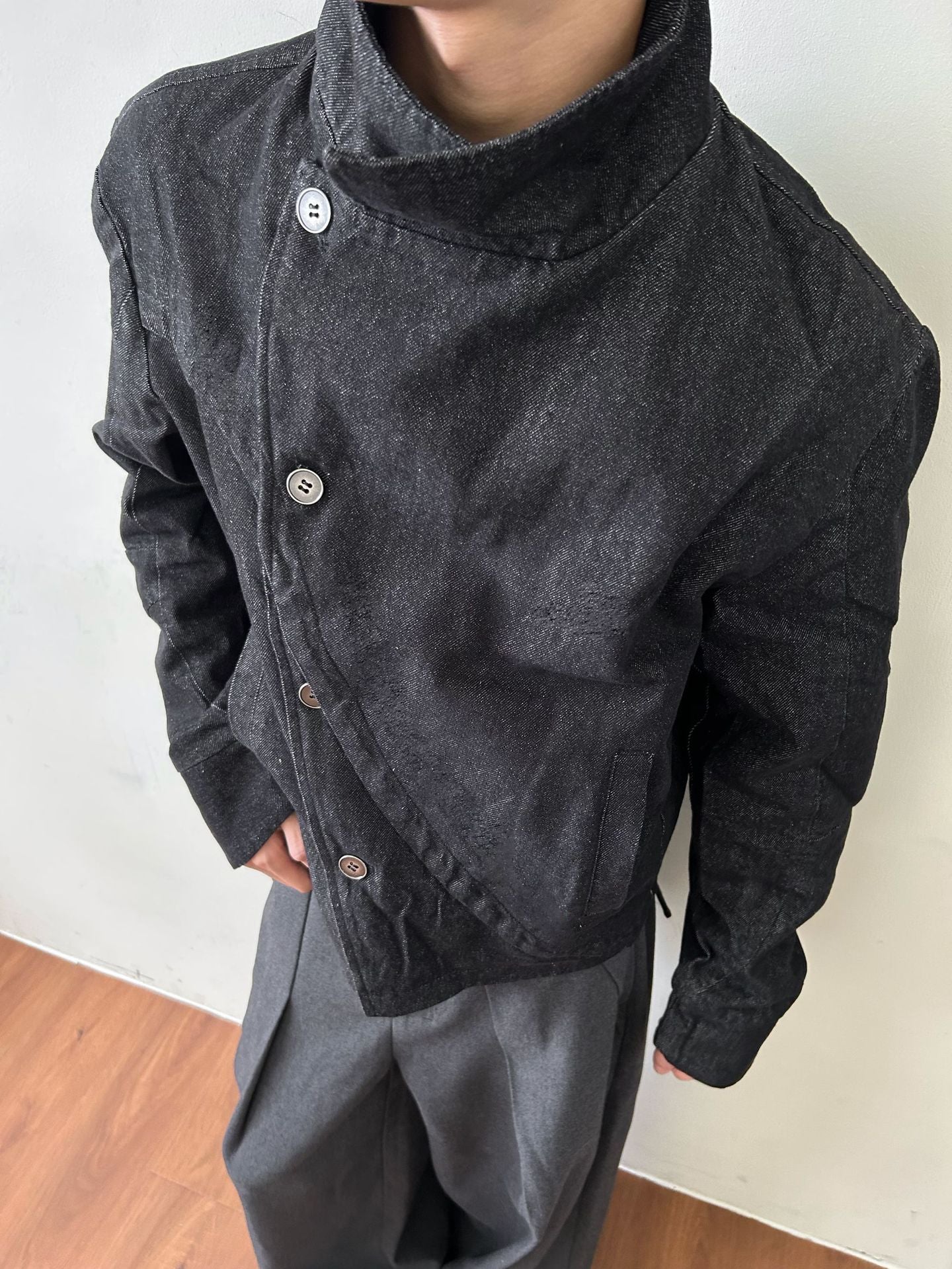 EME Stand-up Collar Button-down Denim Irregular Jacket