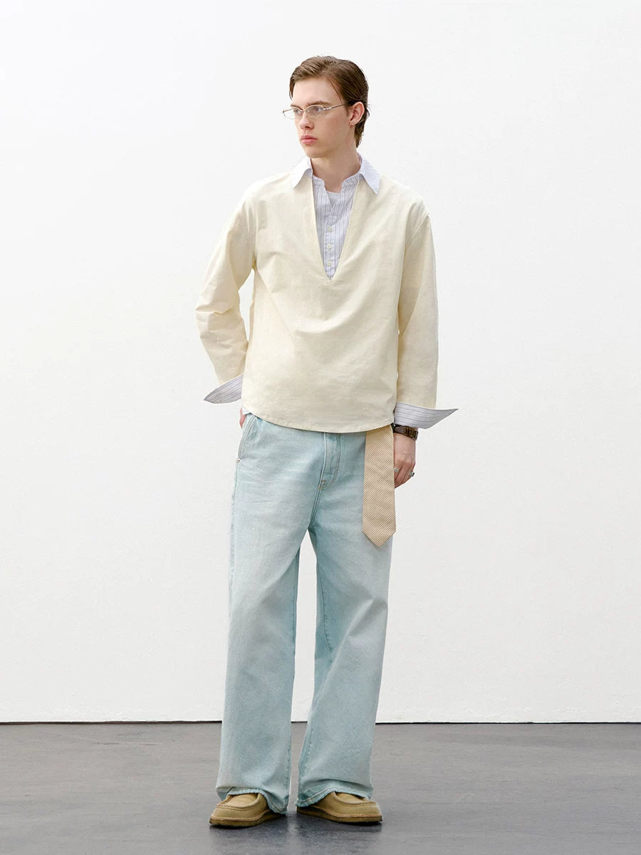 714Street linen blend V-neck fake two-piece shirt