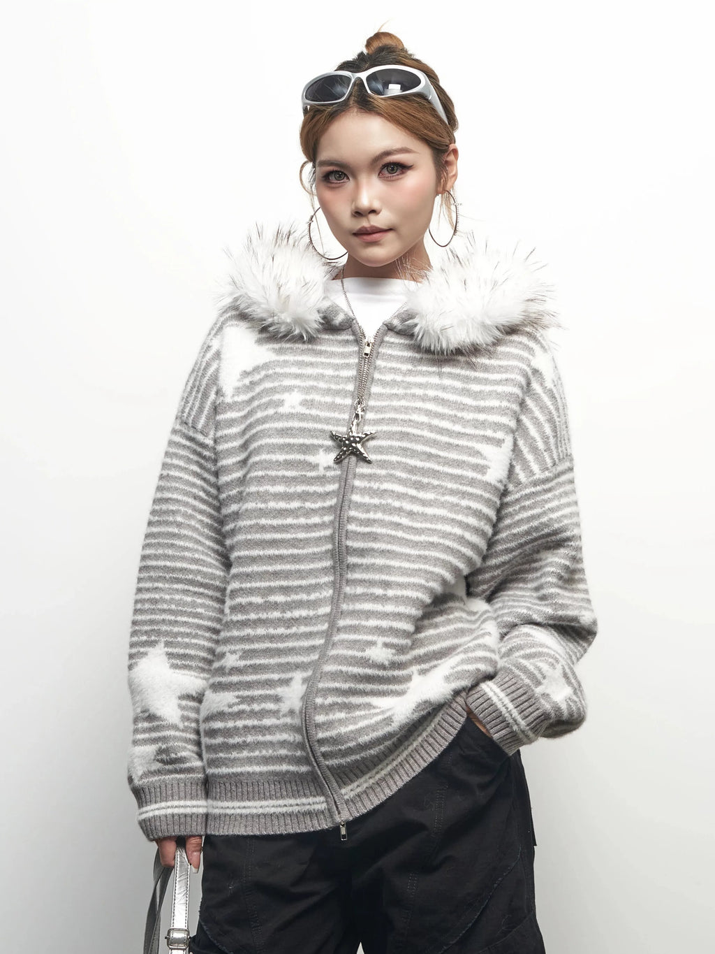 Saimt Retrostripes Fur Collar Hooded Knittingoutwear