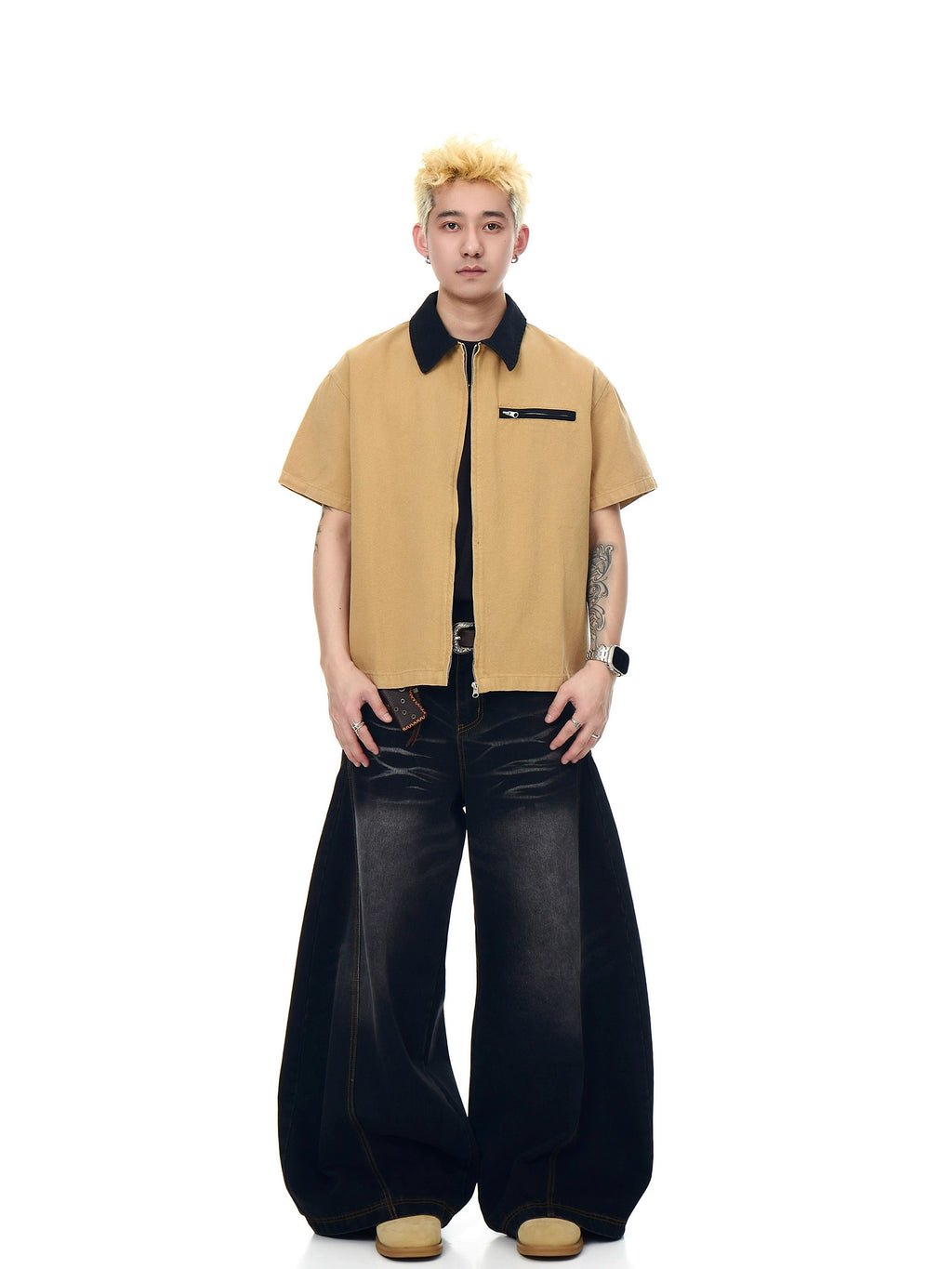 BLACKLISTS Short Wide Lapel Zip Short Sleeve Shirt