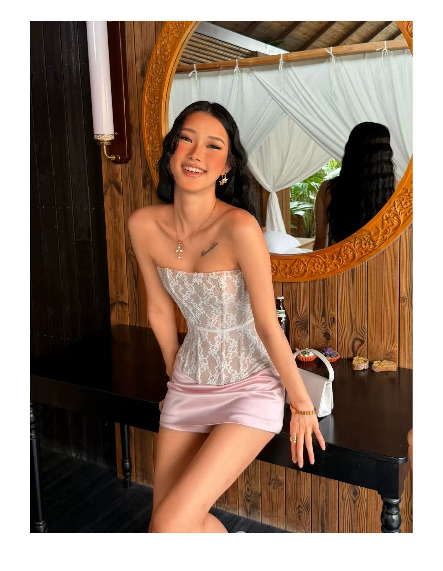 Audwyn Jacquard Lace Mesh Slim Fit Tube Top