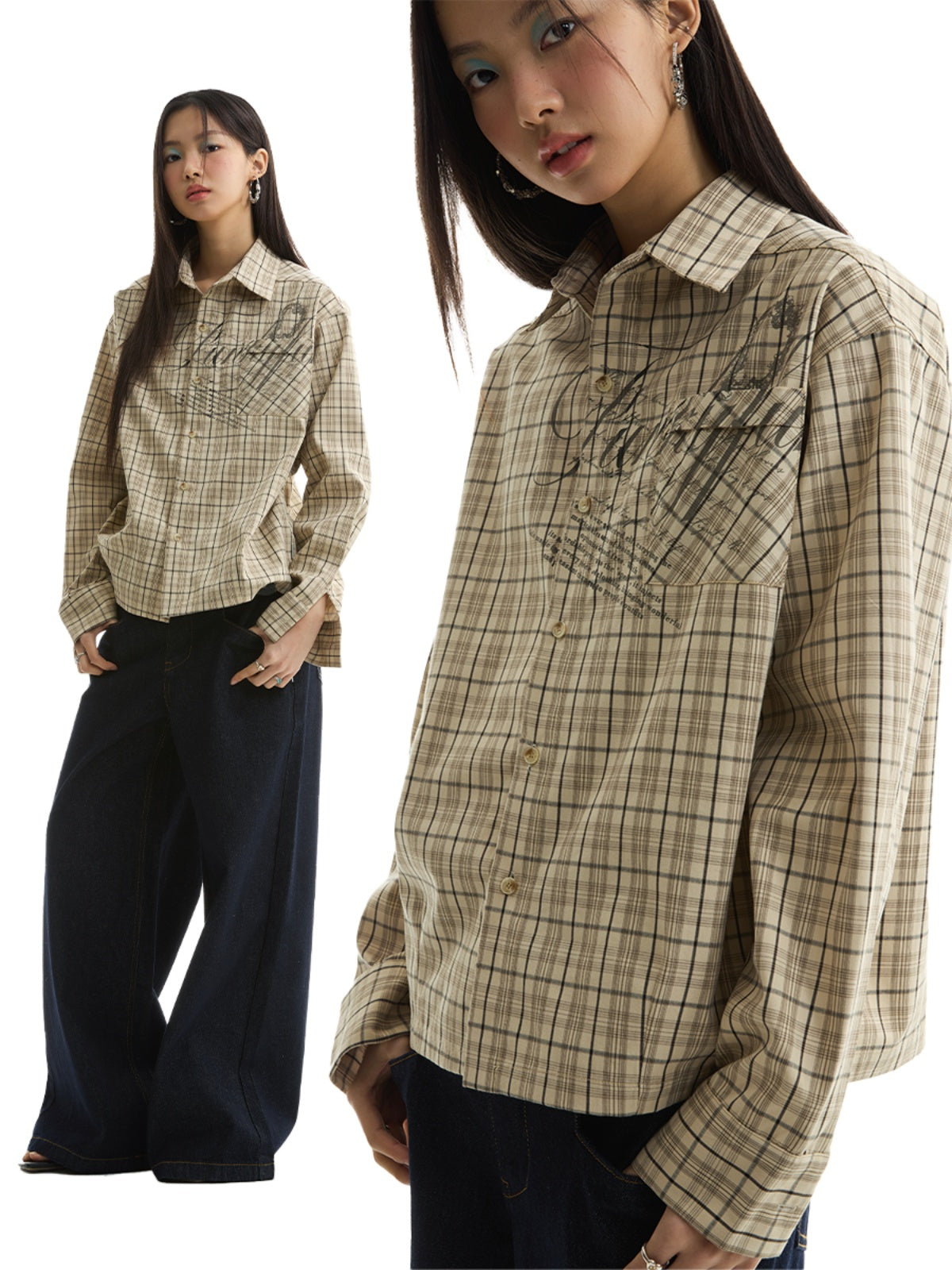 FUNKYFUN Plaid Loose Long-sleeved Shirt Jacket
