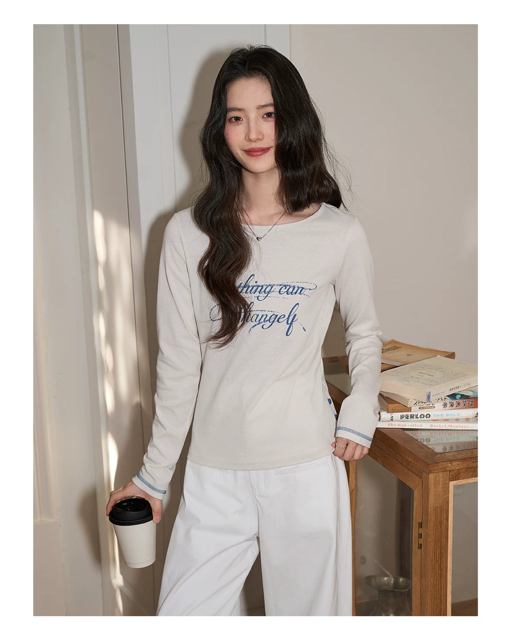 XUJING Crew Neck Letter Print Front Shoulder Slim Sleeve Long Sleeve