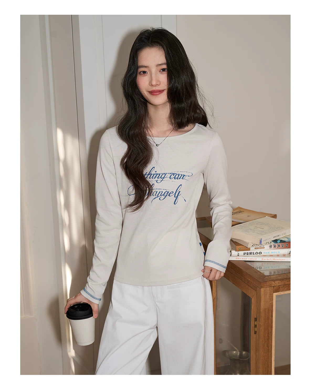 XUJING Crew Neck Letter Print Front Shoulder Slim Sleeve Long Sleeve