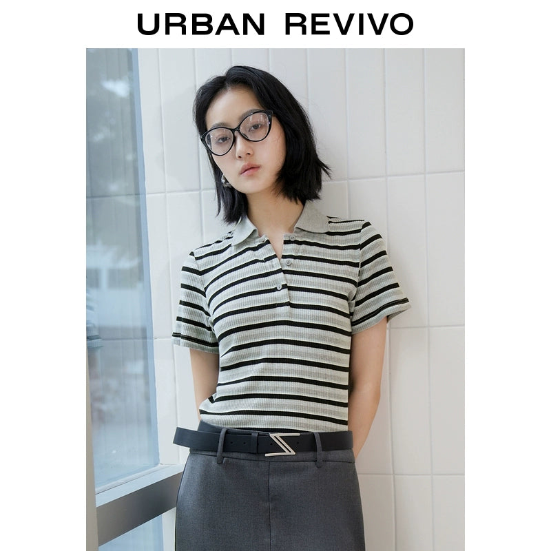 URBAN REVIVO College Color Contrasting Striped T-shirt Polo Shirt