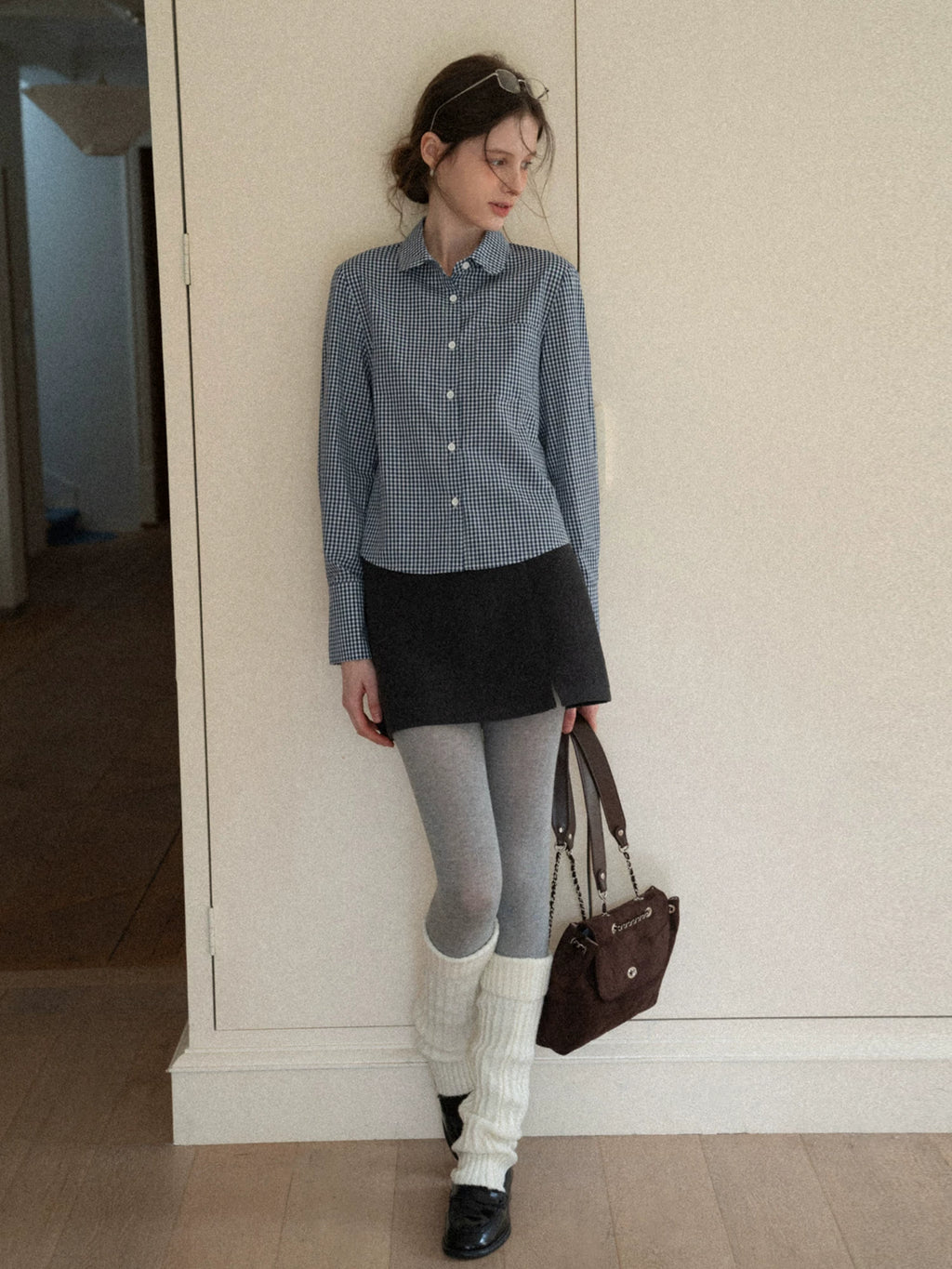 EGGKA Lapel Retro Plaid Pocket Long-sleeved Shirt
