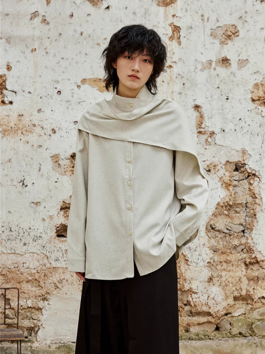 SUNYVONNE Cross-neck Scarf Long-sleeved Shirt