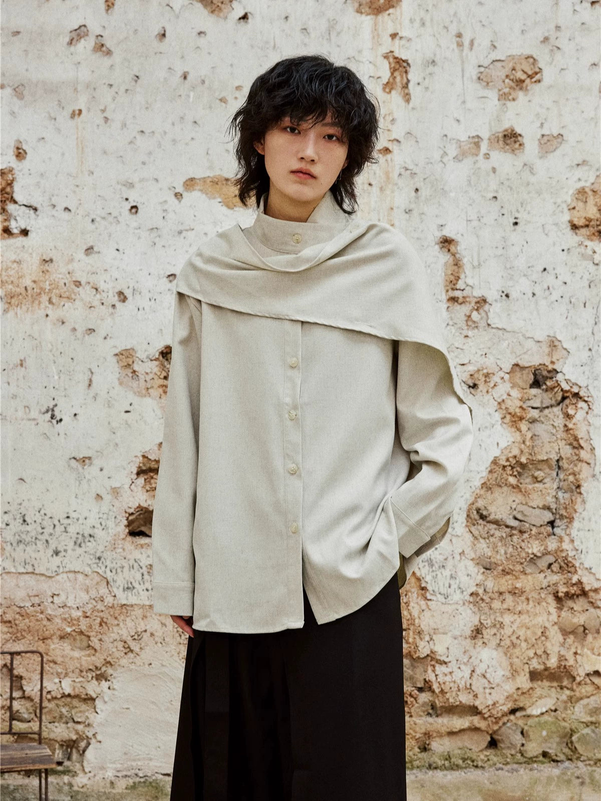 SUNYVONNE Cross-neck Scarf Long-sleeved Shirt