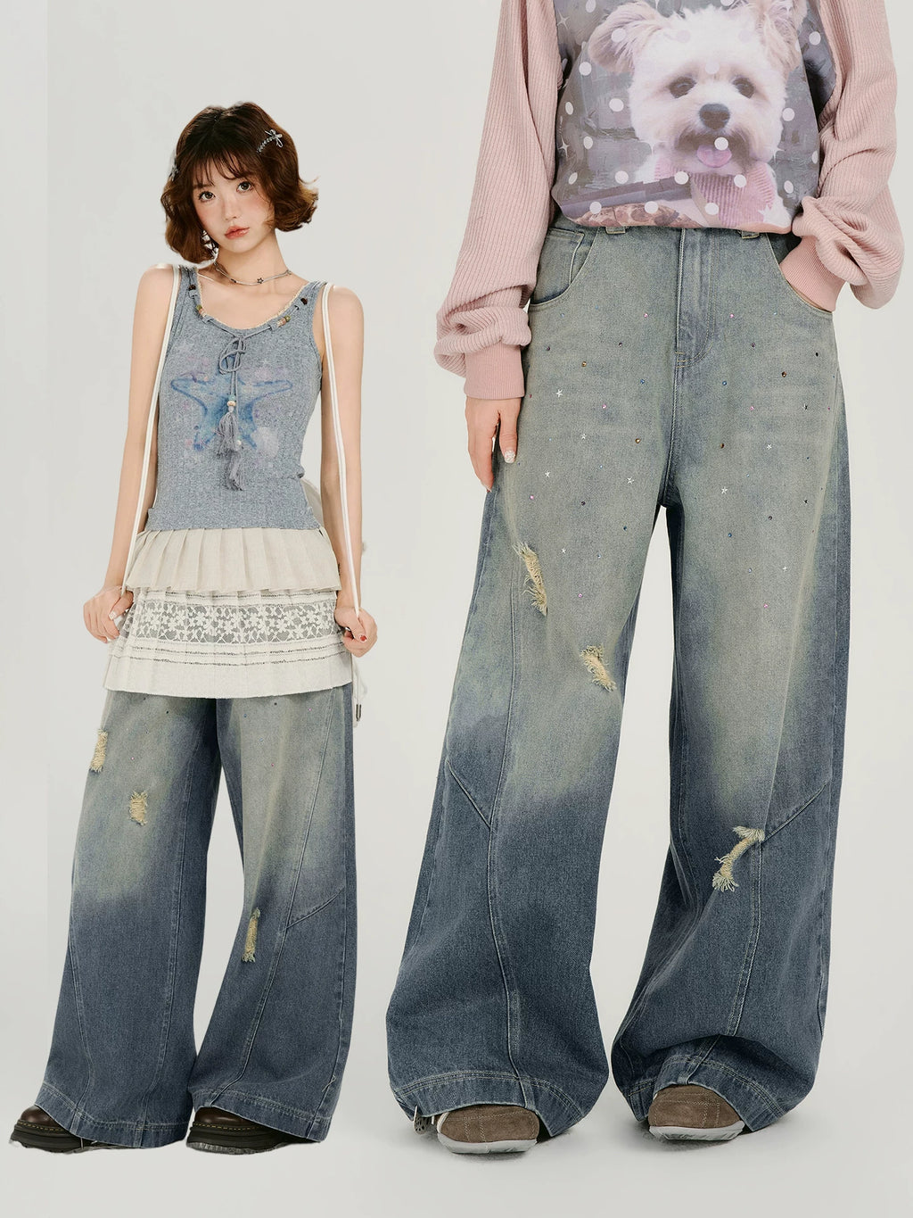 Girlyhalo Vintage Hot Diamond Make Old Wide Leg Jeans