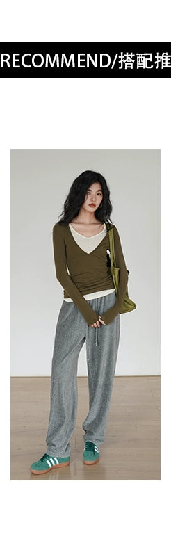 EM Splicing V-neck Fake Two Pieces Slim Temperament Long Sleeves