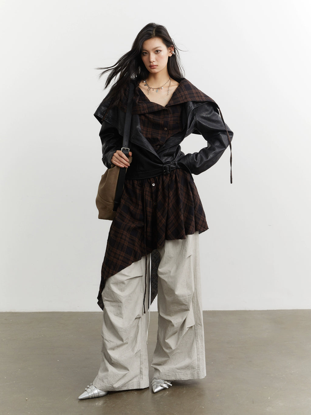 JNYLON-plaid Apron Stitched Imitation Leather PU Jacket