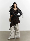 JNYLON-plaid Apron Stitched Imitation Leather PU Jacket