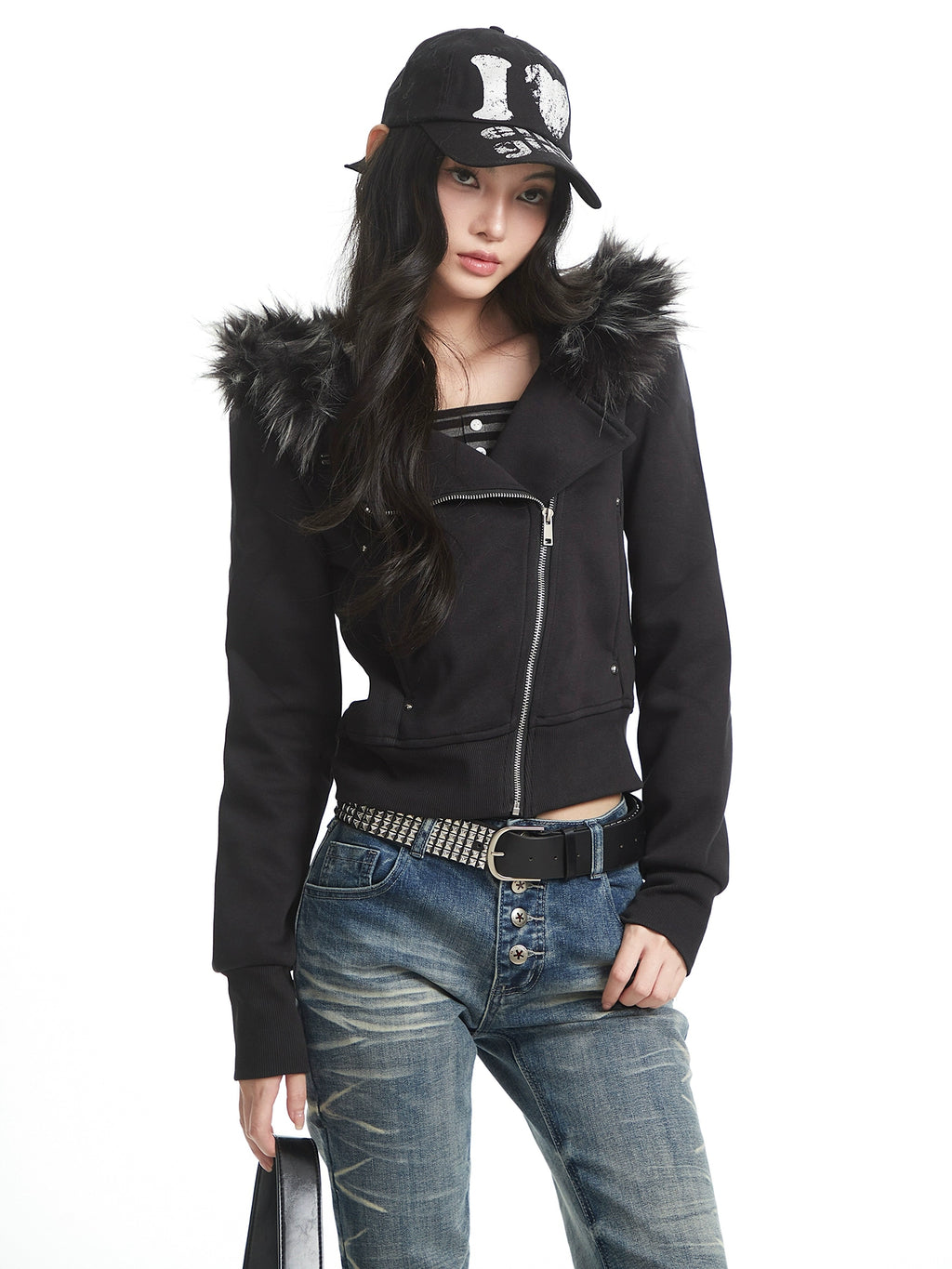 UNCMHISEX Fur Collar Hooded Sweater Jacket