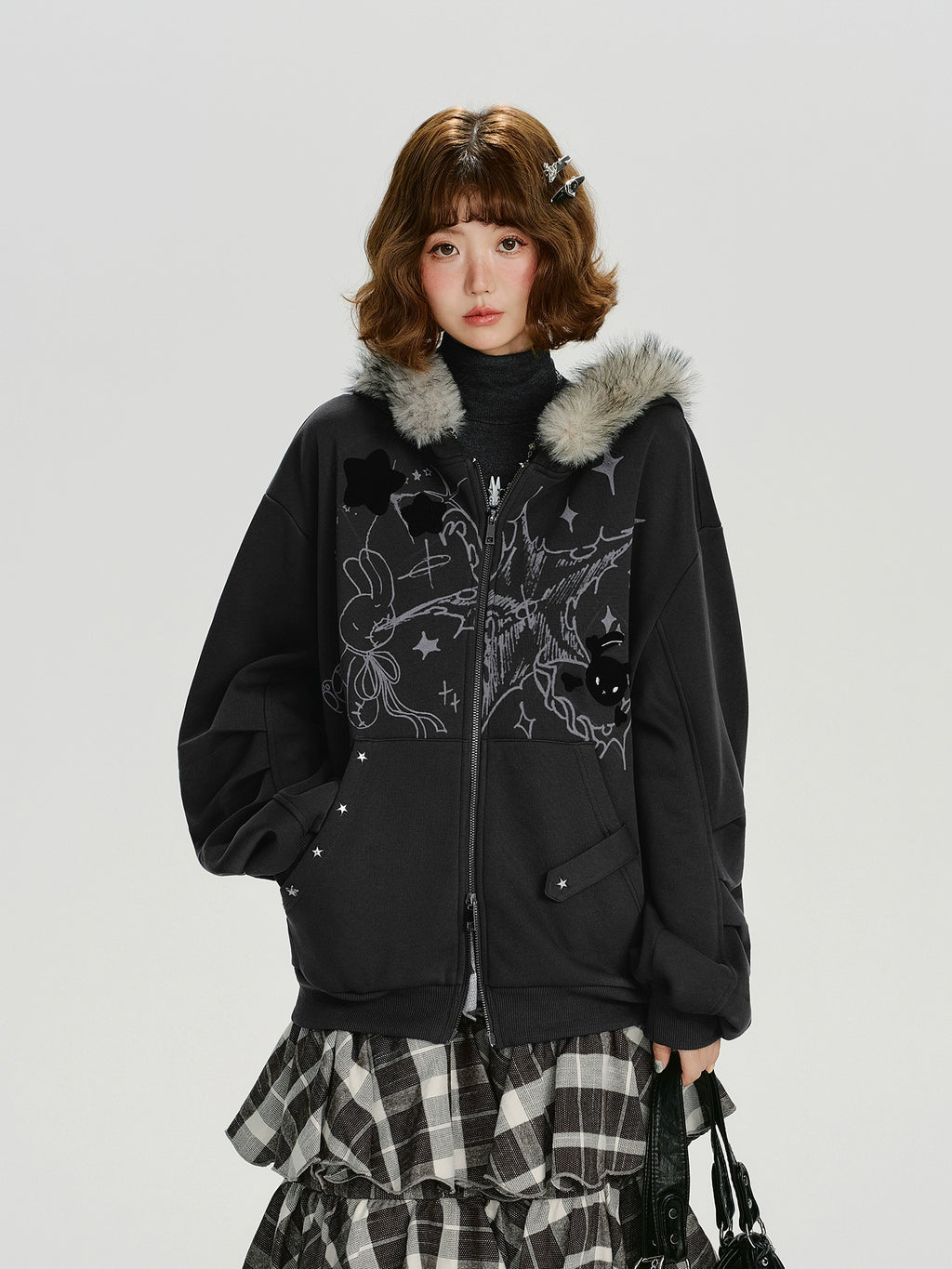 Girlyhalo Vintage Print Hooded Sweater Jacket
