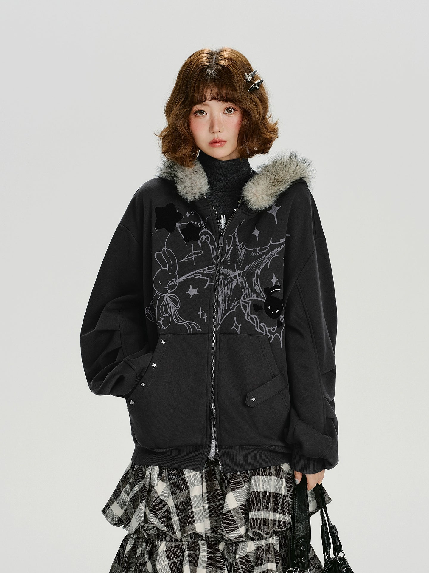 Girlyhalo Vintage Print Hooded Sweater Jacket