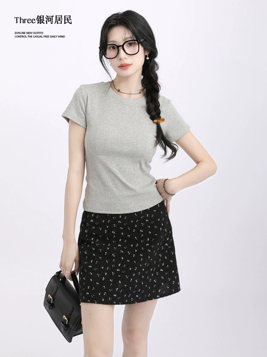 Three Shoulder Crew Neck Slim Short Skinny Tee