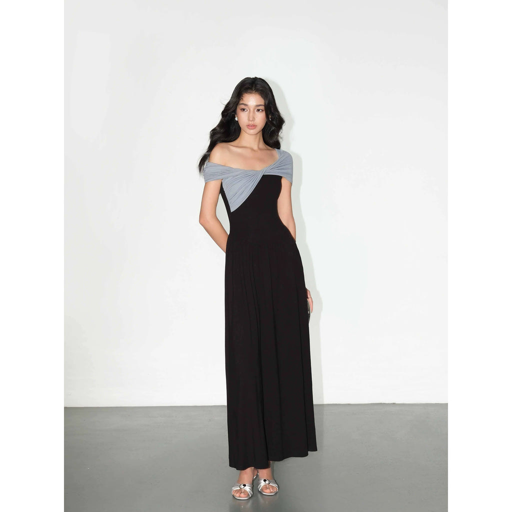 NEVA HU Temperament One-word Shoulder Contrasting Color Splicing Dress