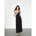 NEVA HU Temperament One-word Shoulder Contrasting Color Splicing Dress