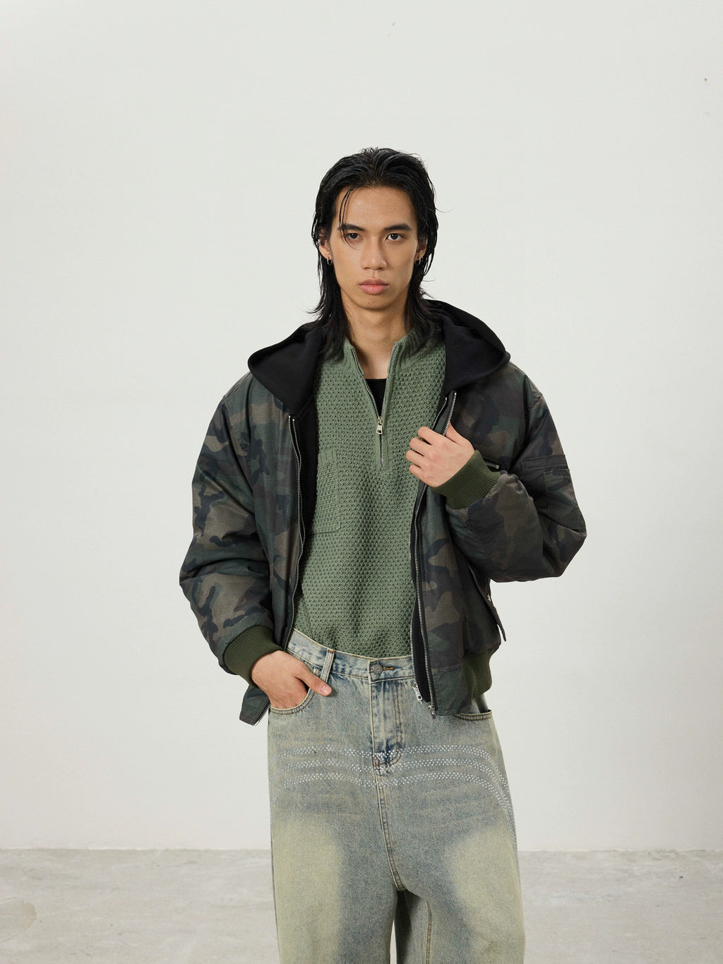 BTSG Double Zipper Fake Two-piece Stitching Camouflage Hooded Cotton Coat