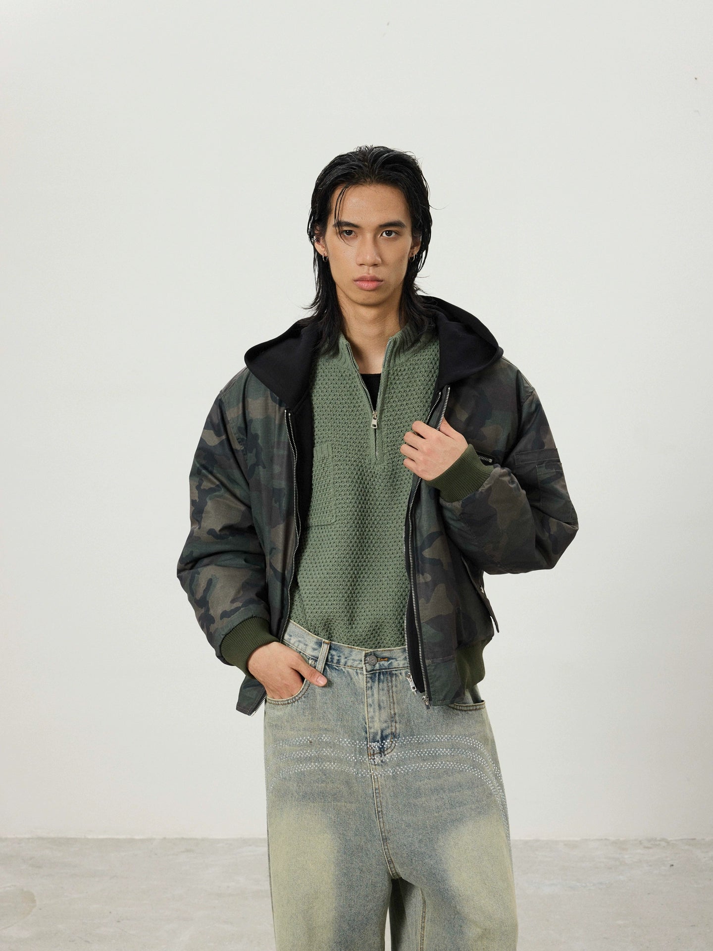 BTSG Double Zipper Fake Two-piece Stitching Camouflage Hooded Cotton Coat