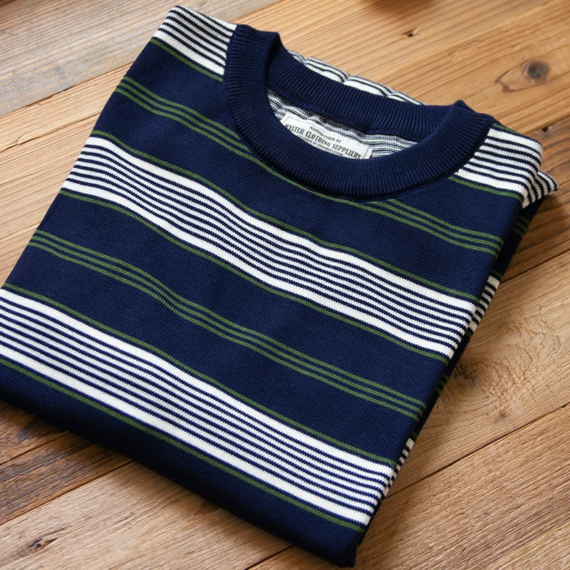 PrintAce Knitted Vintage Striped Crew Neck Front Shoulder Tee