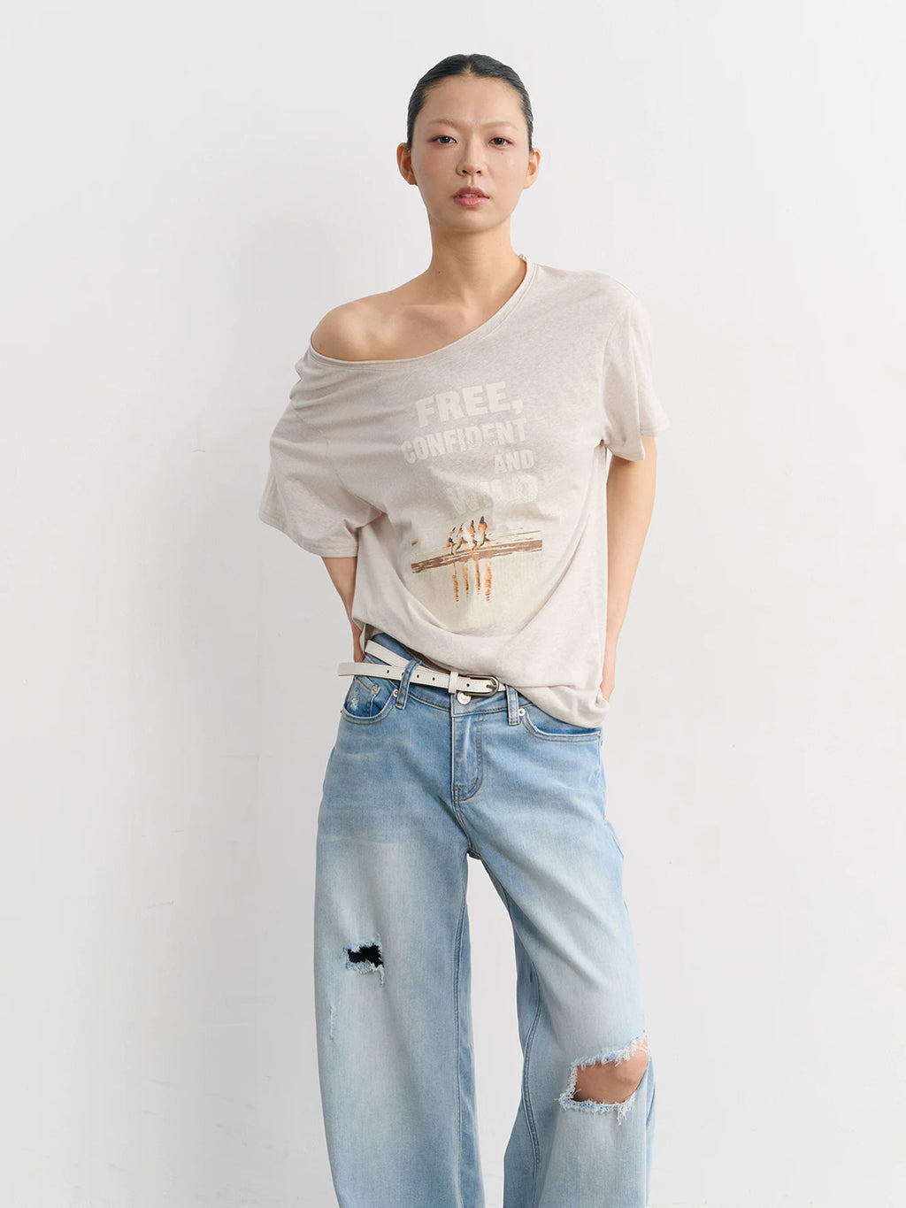 LINY LIBERTY Vintage Curled Round Neck Loose Tee
