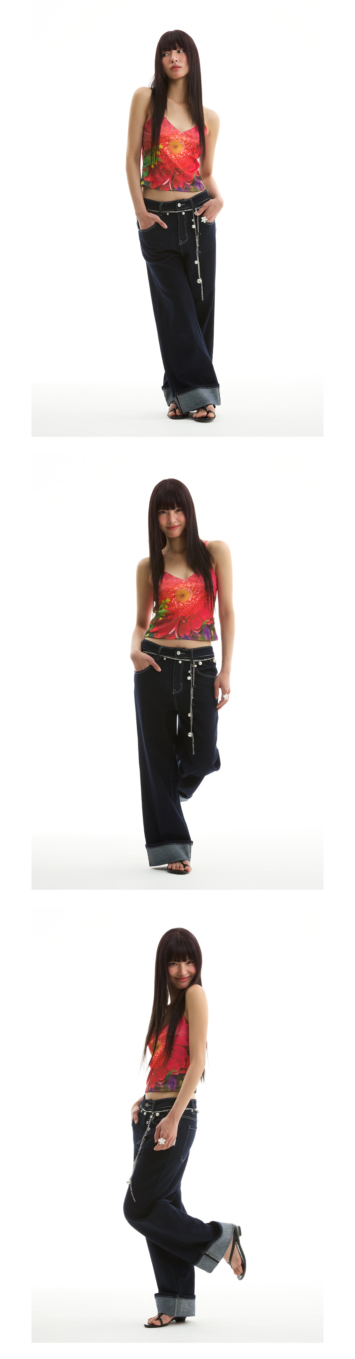 FUNKYFUN 2025SS fold-up pants micro-elastic primary color blue straight jeans