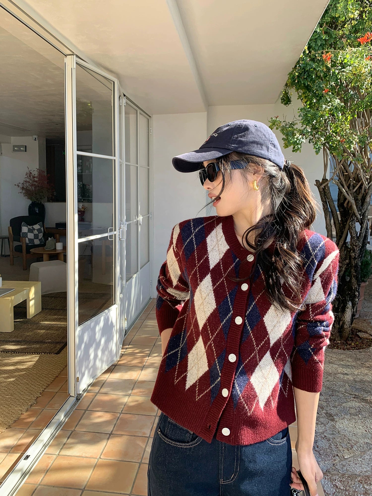 Pusumede Vintage Rhombus Crew Neck Knitted Jacket