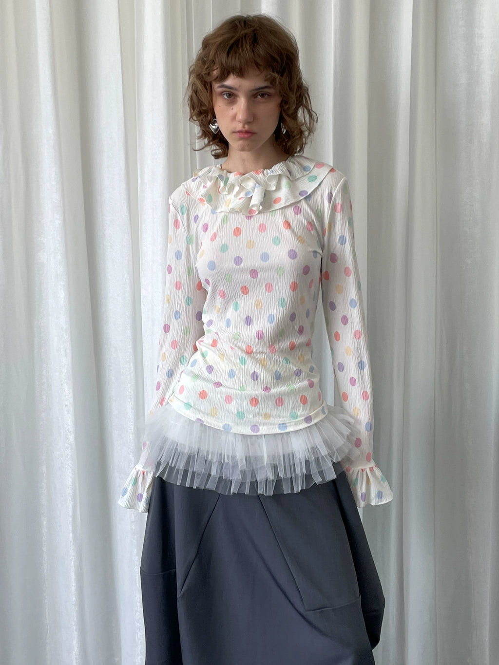 Loosesmell Fungus Edge Crew Neck Color Polka Dot Long Sleeve