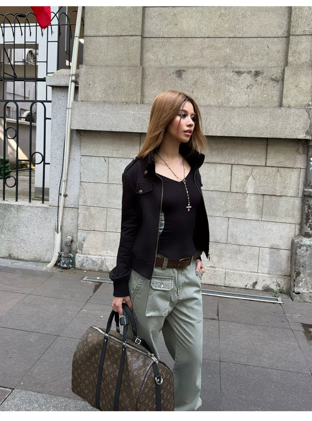 Audwyn Stand-up Collar Terry Cotton Slim-fitting Waist Short Jacket