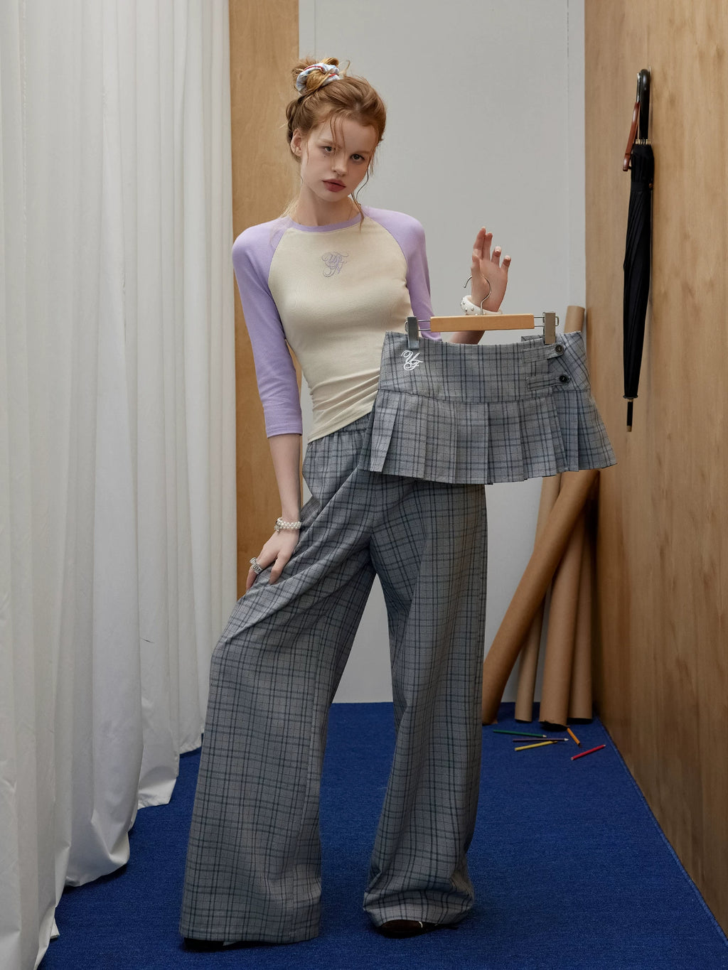 UNIFREE Plaid Straight Loose Wide Leg Skirt Fake Two-Piece Floor Pants