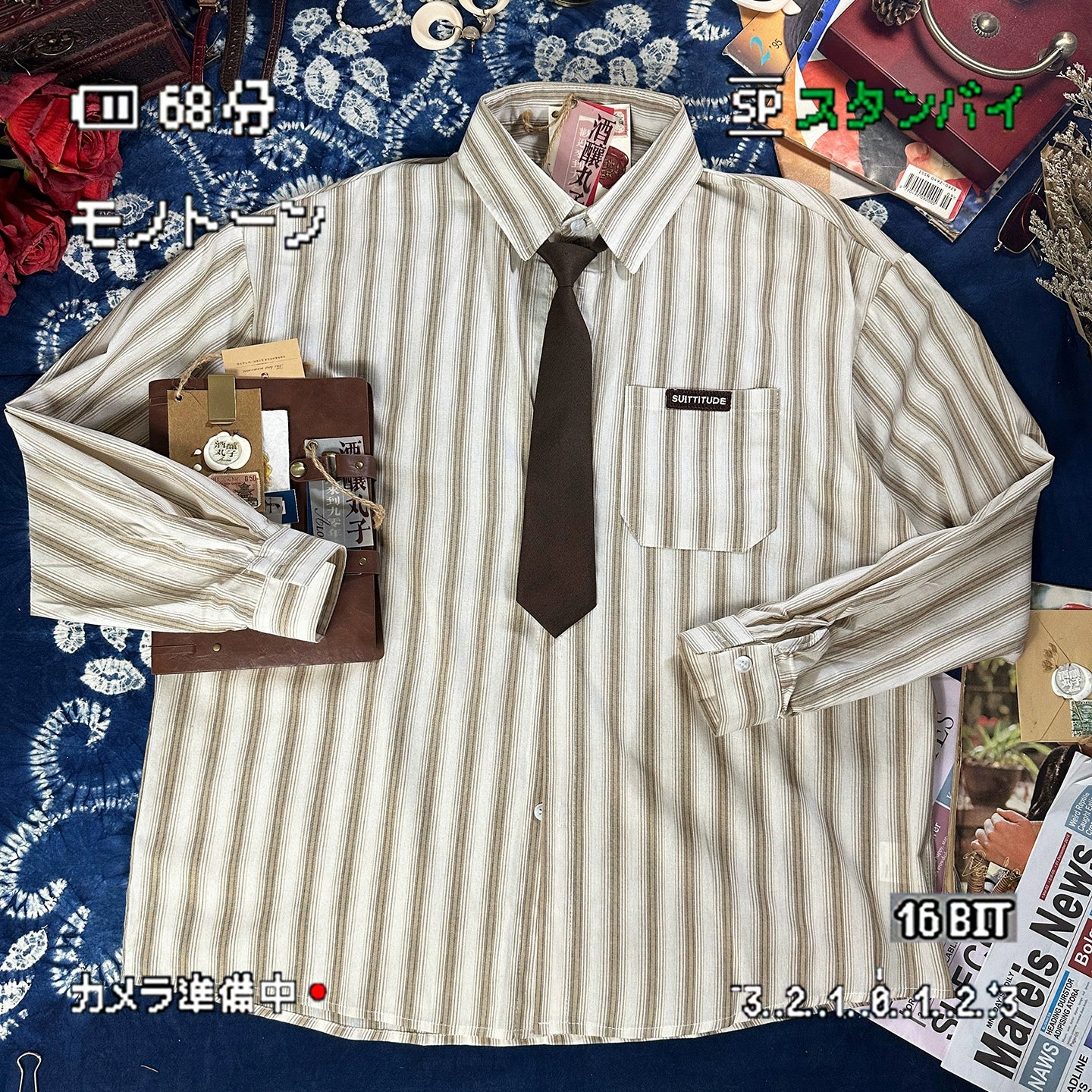 ALOHA Vintage Hong Kong Style Tie Long Sleeve Striped Shirt