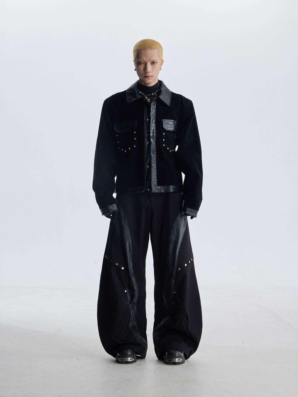 NOMANIAI Splicing Rivets Embellish Flocked Jacket Button Coat