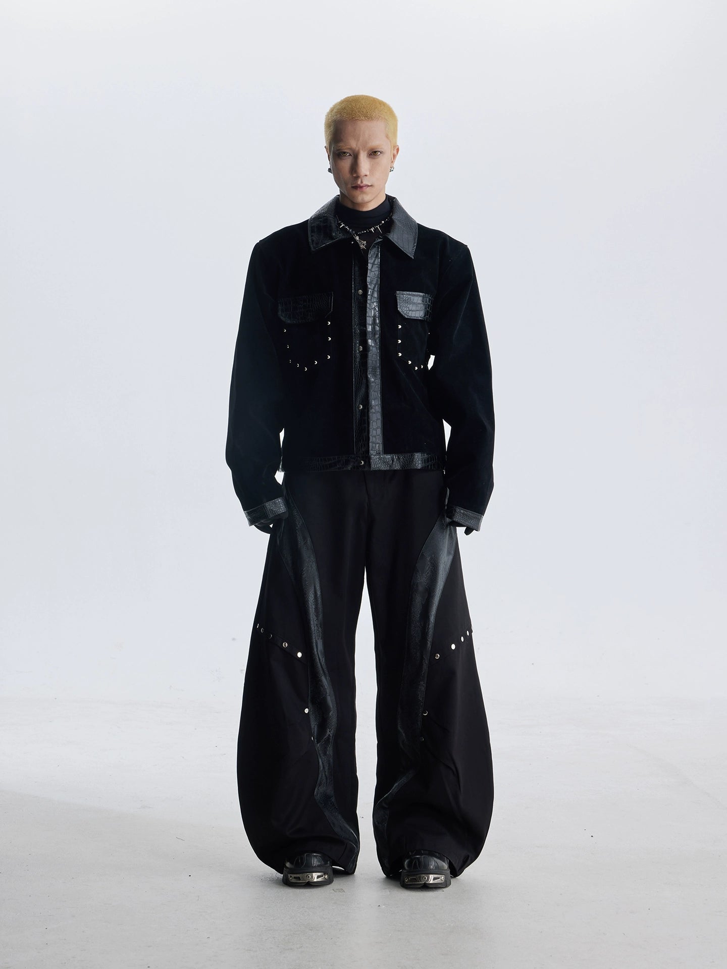 NOMANIAI Splicing Rivets Embellish Flocked Jacket Button Coat