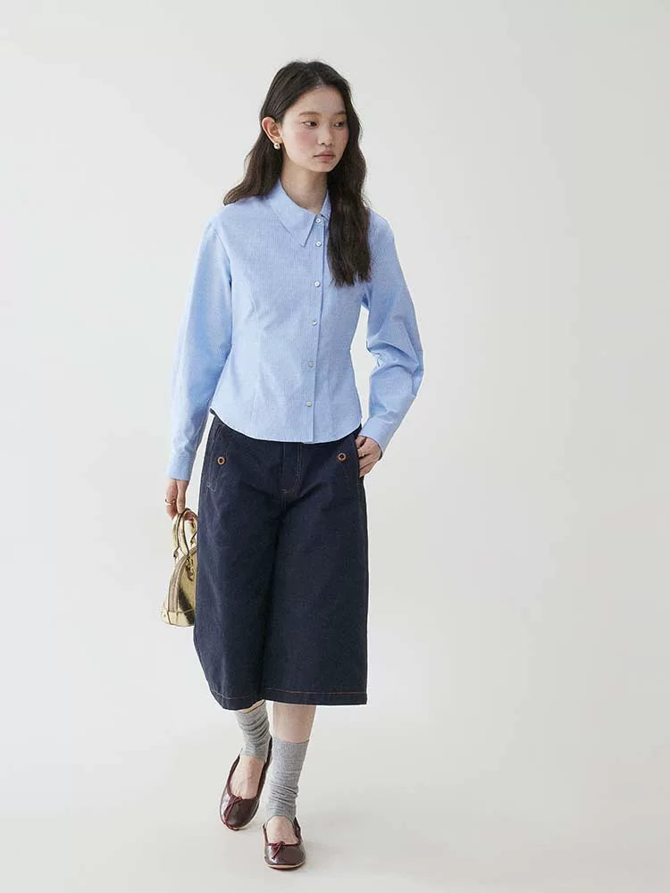 VOOE Irregular Lapel Striped Waist Shirt