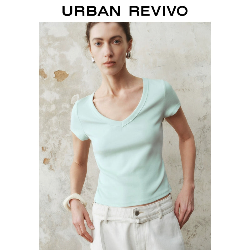 URBAN REVIVO Slim Short V-Neck Short Sleeve T-Shirt