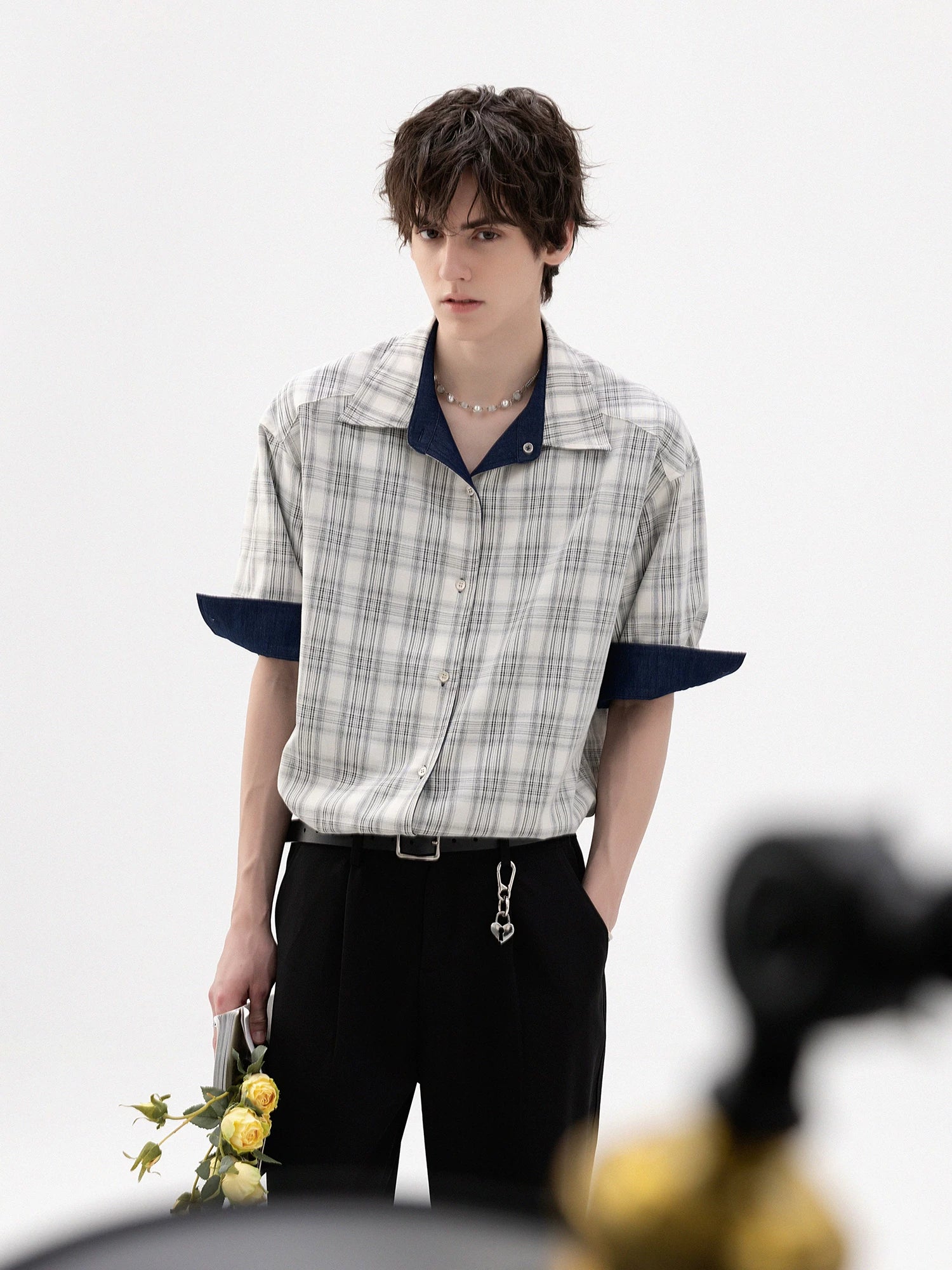 CHOR Ice Silk Denim Splicing Checked Roll Sleeve Shirt